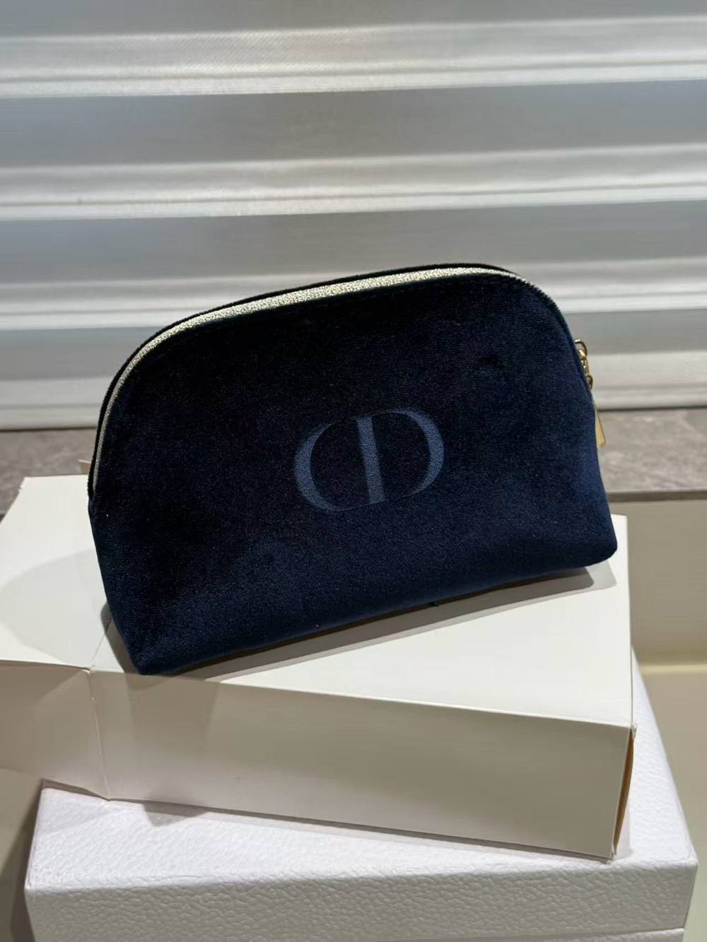 Dior Navy Velvet Cosmetic Pouch with Gold Zipper